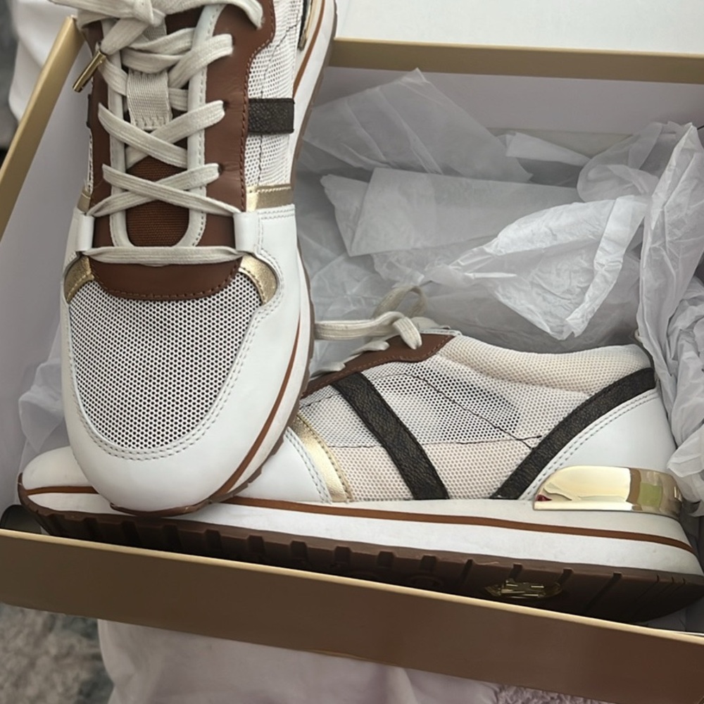 Michael Kors White, Brown, and Gold Athletic Shoes